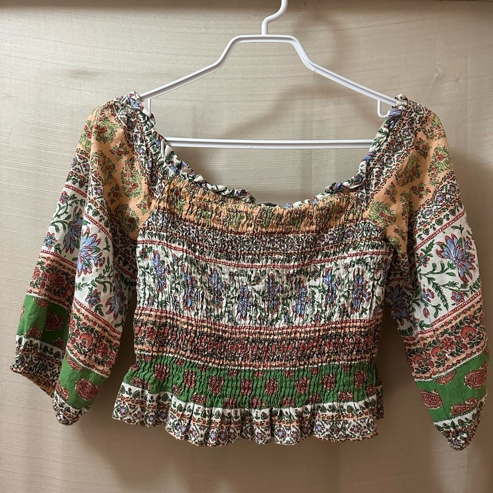 Zara Boho Smocked Floral Crop Top Peasant Blouse Puff Sleeve Size M